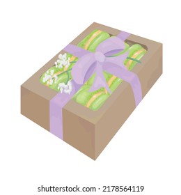 Macarones de pistachio en una caja con cinta lila. Postres franceses de color marrón. Vector aislado sobre fondo blanco.