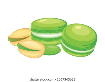 Pistachio macarons and pistachio nuts vector illustration. Green french macaroons icon vector isolated on a white background. Green macarons and pistachio nuts drawing