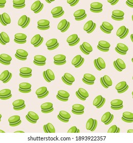 Pistachio macarons pattern. Food illustration pattern design. Cookies. French pastry, confectionary illustration.