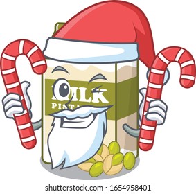 Pistachio milk Cartoon character wearing Santa costume bringing a candy