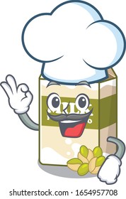 Pistachio milk cartoon character working as a chef and wearing white hat