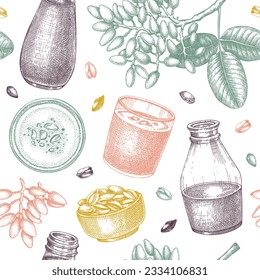 Pistachio milk pattern. Dairy products seamless endless background design. Repeating print with plant milk, pistachio nut, tree branches. Nut milk vector sketches for fabric, textile, packaging