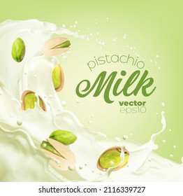 Pistachio Milch spritzen und fließen mit Nüssen. Vektor-und Poster mit gesunden frischen Getränken wirbeln, geschälte und ungeschälte Kerne fließen in weiße Flüssigkeit mit Tropfen und Plattern. Vegan-realistisches 3D-Getränk