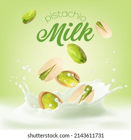 Pistachio milk splash with nuts, realistic vector food. 3d pistachio nuts falling in milk, cream, yogurt or milkshake cocktail with crown splash and drops, vegan creamy drink or non dairy dessert