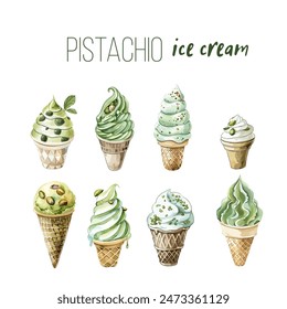 Clipart de batido de pistacho, aislado sobre fondo blanco. composición creativa de helado cremoso con nueces y espasmos de acuarela. ideal para el diseño de etiquetas o logotipos. Arte vectorial.