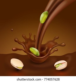 Pistachio nut in liquid chocolate background with splash. Vector illustration