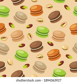 Pistachio nut macaron cookies pattern. Food vector illustration pattern design. French pastry desser macarons. Confectionary hand drawn pattern.