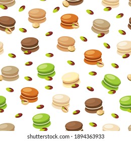 Pistachio nut macaron cookies pattern. Food vector illustration pattern design. French pastry desser macarons. Confectionary hand drawn pattern.