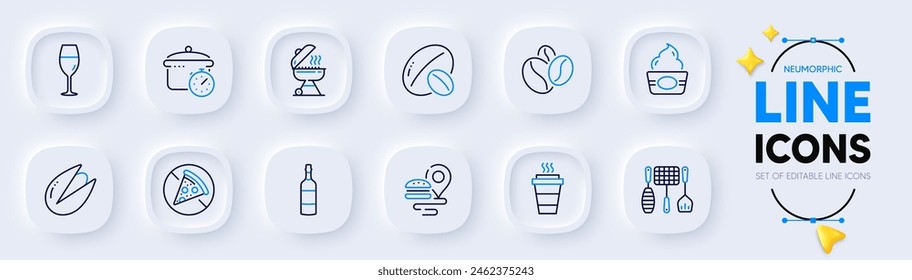 Pistachio nut, Prohibit food and Food delivery line icons for web app. Pack of Soy nut, Takeaway, Boiling pan pictogram icons. Grill, Coffee beans, Grill tools signs. Wineglass. Vector