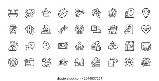 Paquete de iconos de línea de laboratorio de pistachos, rechazo y química. AI, pregunta y respuesta, iconos de pin de mapa. Empleados trabajo en equipo, Agencia de seguridad, Obtener icono de Web de caja. Tarjeta, Pago, Química y pictograma de ADN. Vector