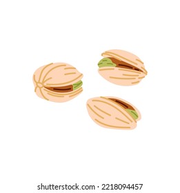 Nuez de pistachio con concha de bocadillo de comida aislado. Pistacho vectorial con semilla verde, pistache vegetariano asado natural. Pistola seca sin descascarar