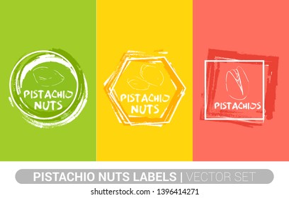 Pistachio nuts colorful label set. Raw organic pistachios Badge shapes. Creative Nut tags. Raw food stickers ready for web and print. Painting brush style labels. Brush stroke badges.