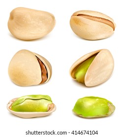 Pistachio nuts and pistachio kernels. Fully editable handmade mesh. Vector illustration.