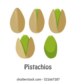 Pistachio nuts and pistachio kernels. Set of pistachios nuts. Ripe pistachios nuts in flat. Several pistachio nuts, close up. Healthy vegetarian food. Isolated vector illustration on white background.