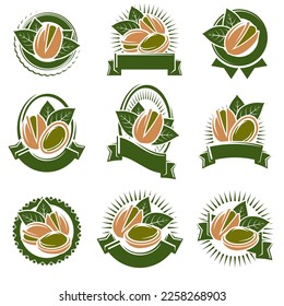 Pistachio nuts label and icon set. Collection pistachio nuts icons. Vector