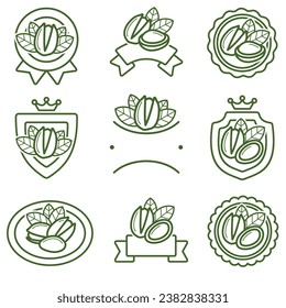 Etiqueta de tuercas de pistacho y conjunto de iconos. Iconos de tuercas de pistacho de colección. Vector