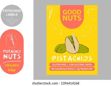 Pistachio nuts labels with brush stroke elements. Cartoon drawn Pistachios. product Badge with text: gluten free, low glycemic index, no sugar alcohols, 0g trance fat. Raw organic sticker