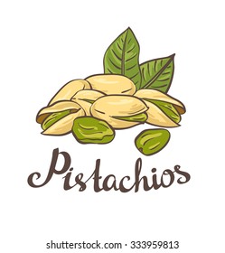 Pistachio nuts with leaves. Vector illustration.