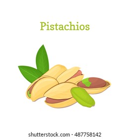 Pistachio nuts with leaves. Vector illustration of a handful of nuts isolated on white background it can be used as packaging design element, printing brochures on healthy and vegetarian diet