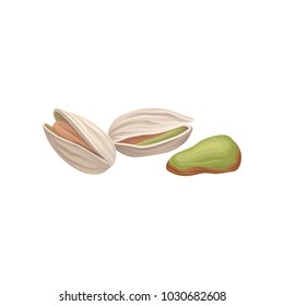 Pistachio nuts one peeled kernel, two in hard shell. Objects for product packing or cover design. Organic raw food. Vegetarian nutrition. Detailed vector illustration