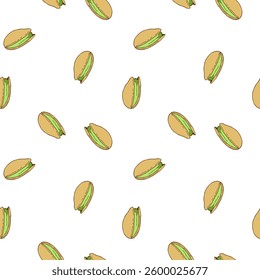 Pistachio nuts pattern, healthy food nuts and seeds, hand drawn nuts, doodle. Packaging, wallpaper, wrapper, backdrop. Vector illustration