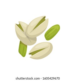 Pistachio nuts peeled and in shell isolated food snack. Vector vegetarian natural roasted pistache