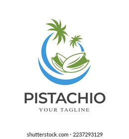 Pistachio nuts with sea and palm tree symbol, logo template. Pistachio seeds with shell, vector design. Vegetarian and organic, natural food and nutrition, design illustration