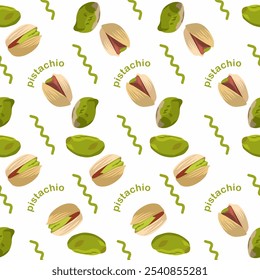 Nueces de pistacho, Ilustración vectorial de un patrón sin fisuras de nueces de pistacho sobre un fondo blanco. patrón dibujado a mano de nueces de pistacho verdes Comida vegana orgánica