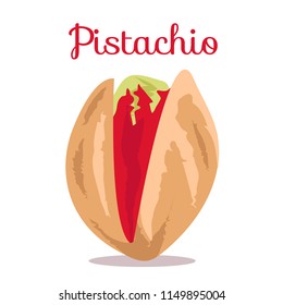 Pistachio nuts. Whole,ripe,green pistachio nut. Pistachio nuts,kernels. Nut in shell. Modern flat cartoon vector illustration on white. Organic,healthy snack. Poster,banner healthy food for company