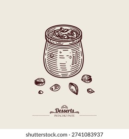 Pistachio paste in a glass jar. Pistachio nuts in the shell. Vintage line illustration. Line art, sketch style. Vector hand drawn 