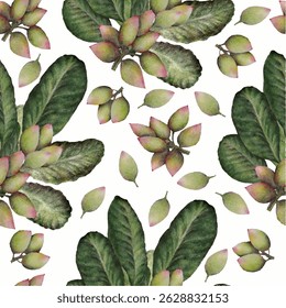 Pistachio pattern with leaves. Seamless pattern on white background, vector illustration.