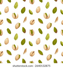 Pistachio pattern with nuts in different forms. Vector cartoon hand drawn seamless pattern. Food illustration for packaging, wrapping, textile design, kitchen decor, product visuals, menu