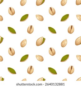 Pistachio pattern with nuts in different forms. Vector cartoon hand drawn seamless pattern. Food illustration for packaging, wrapping, textile design, kitchen decor, product visuals, menu