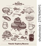 Pistachio raspberry macarons recipe. Nuts Crumbs, White chocolate, Egg Whites, Almond Flour and Sugar. French Dessert. Line art Illustration, sketch style. 
