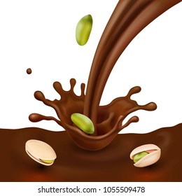 Pistachio realistic nuts in chocolate flow design package design for advertising
