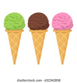 Pistachio, strawberry, chocolate ice cream balls in a wafer cup in flat style a vector.Sugar ice cream cone.Design element for cafe, restaurants, the websites.Summer dessert