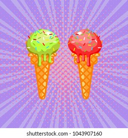 Pistachio and strawberry ice cream in a waffle cup. A set of sweet confectionery. Dessert. Isolated icon. Vector
