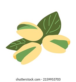 Pistachio, tres pistolas con hojas o hojas, en color verde, doodle vectorial ilustración