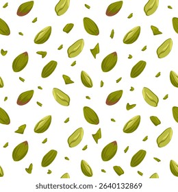 Pistachio vector cartoon hand drawn seamless pattern. Falling nuts food illustration. Open and crushed pistachios motif for packaging, wrapping, textile design, kitchen decor, product visuals, menu