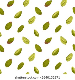 Pistachio vector cartoon hand drawn seamless pattern. Falling nuts food illustration. Open and crushed pistachios motif for packaging, wrapping, textile design, kitchen decor, product visuals, menu