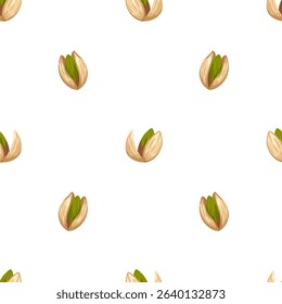 Pistachio vector cartoon hand drawn seamless pattern. Nuts food illustration. Opened and closed pistachios motif for packaging, wrapping, textile design, kitchen decor, product visuals, menu