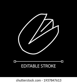 Pistachio white linear icon for dark theme. Nut in cracked shell. Nutrition and source of protein. Thin line customizable illustration. Isolated vector contour symbol for night mode. Editable stroke