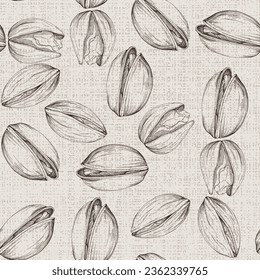 Pistachios drawn sketch. Seamless pattern. Vintage style. Botanical drawing. Nut collection.