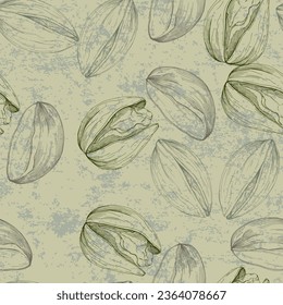 Pistachios drawn sketch. Seamless pattern. Vintage style. Botanical drawing. Nut collection.