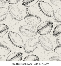 Pistachios drawn sketch. Seamless pattern. Vintage style. Botanical drawing. Nut collection.
