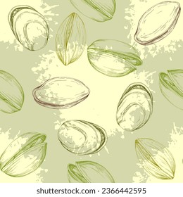 Pistachios drawn sketch. Seamless pattern. Vintage style. Botanical drawing. Nut collection.