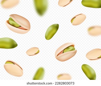 Pistachios falling on transpatent background. Realistic Background Pistachio nut blurred effect. 3d vector