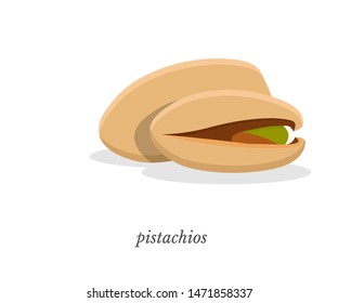 Pistachios flat vector illustration with typography. Delicious organic snack, natural product. Unbroken nutshell and nut kernel closeup. Vegan food ,healthy nutrition, vitamin diet. Tasty protein meal