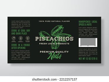 Pistachios Food Label Template. Abstract Vector Packaging Design Layout. Modern Typography Banner with Hand Drawn Nuts Background. Isolated