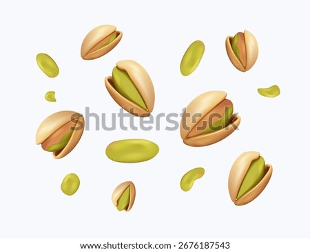 Pistachios, Isolated on White Background, Close-Up. Nuts 3D render vector illustration. Pistachio nut. Heap of tasty pistachio nuts flying isolated on white